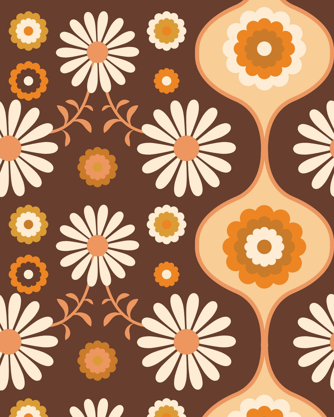 Harley Choc Retro 1970s style floral pattern featuring cream daisy-like flowers and orange and yellow geometric medallions on a dark brown background.